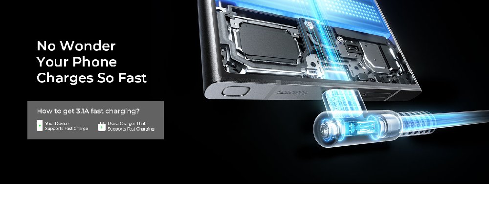 Technical illustration showing phone charging system internals with blue energy visualization and text about fast charging capabilities.